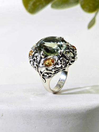 Серебряное кольцо ETERI с празиолитом, хризолитом, цитрином и лимонным кварцем